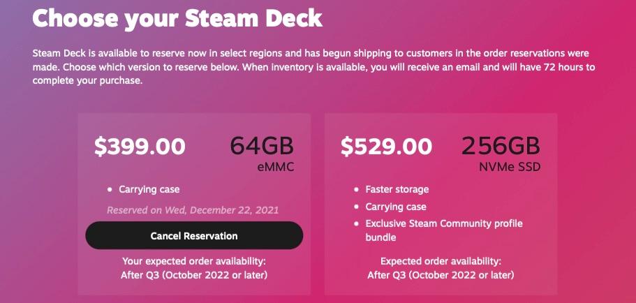 Page de commande Steam Deck