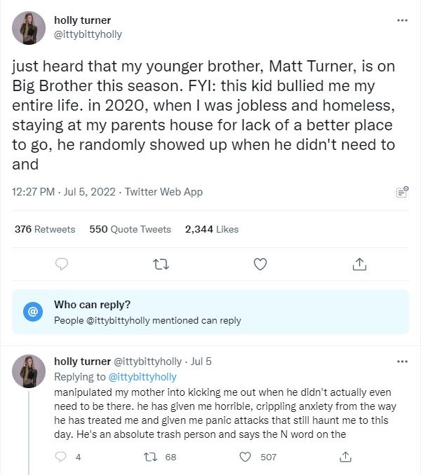 Holly Turner twittert über Bruder Matt
