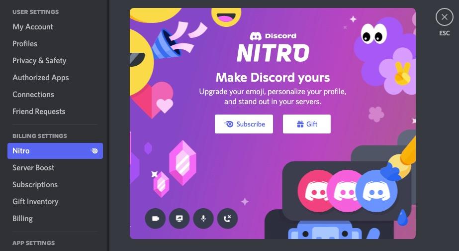 Discord 中的 Discord Nitro 选项卡