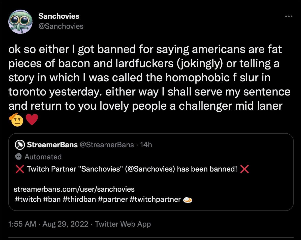 @Sanchovies på Twitter pratar om sitt Twitch-förbud