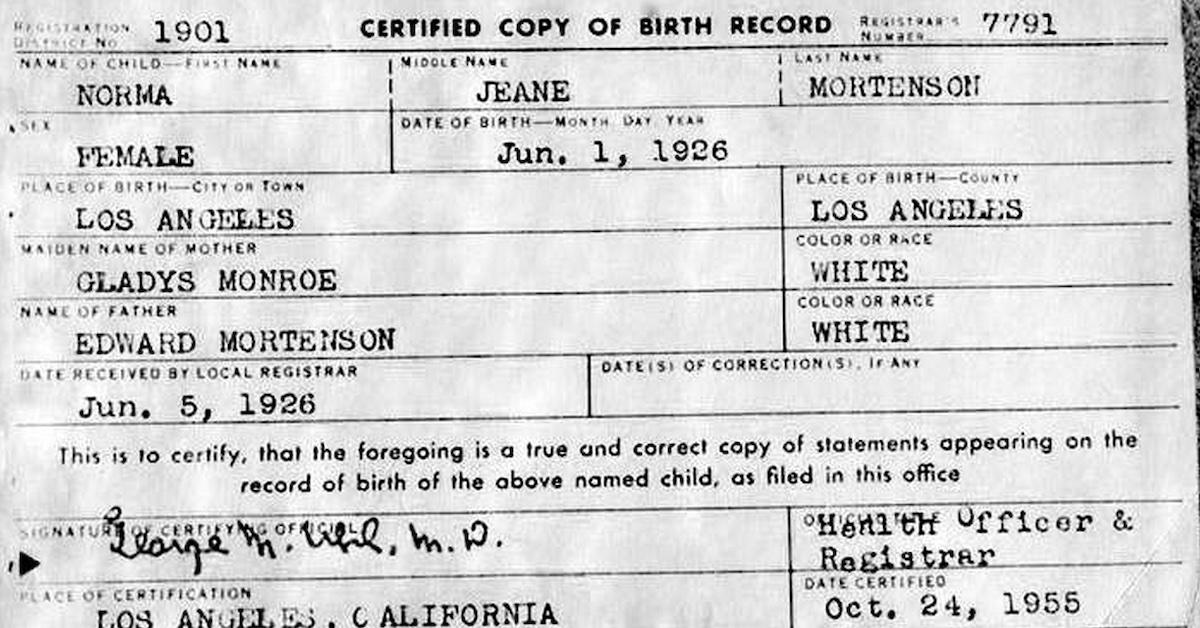 Il certificato di nascita di Marilyn Monroe