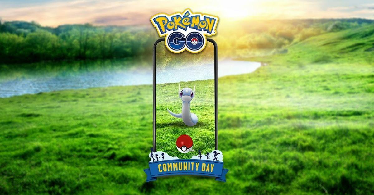 Pokémon GO コミュニティ デイ フレームに囲まれた草原のドラティーニ。