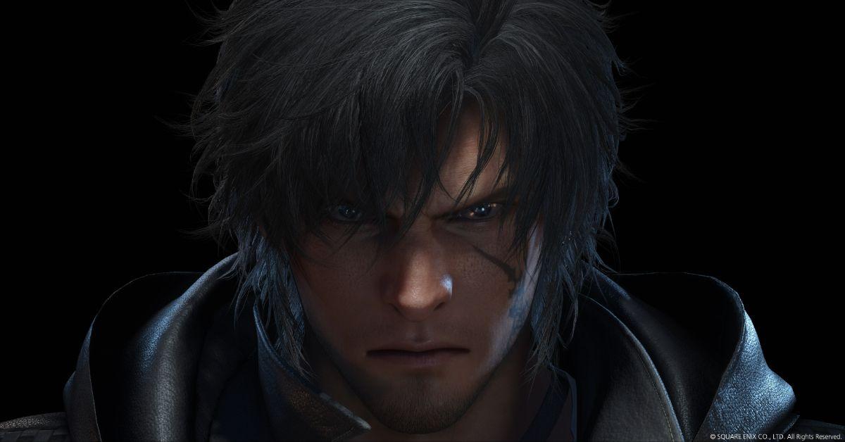 Eine Nahaufnahme von Clives Gesicht in Final Fantasy XVI mit schwarzem Hintergrund.