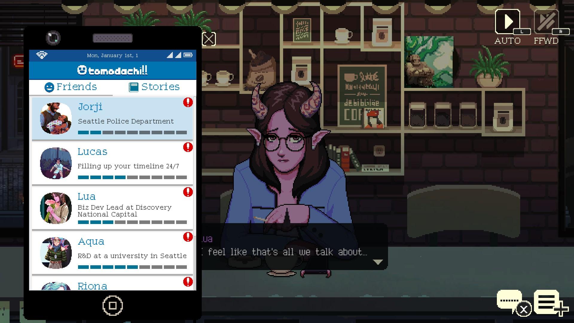 Spielercharakter, der in „Coffee Talk Episode 2: Hibiscus & Butterfly“ die Tomodachill-App überprüft, während er einen Kunden bedient.