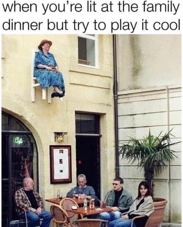 Une femme est assise sur une chaise au-dessus de sa famille à une table à manger