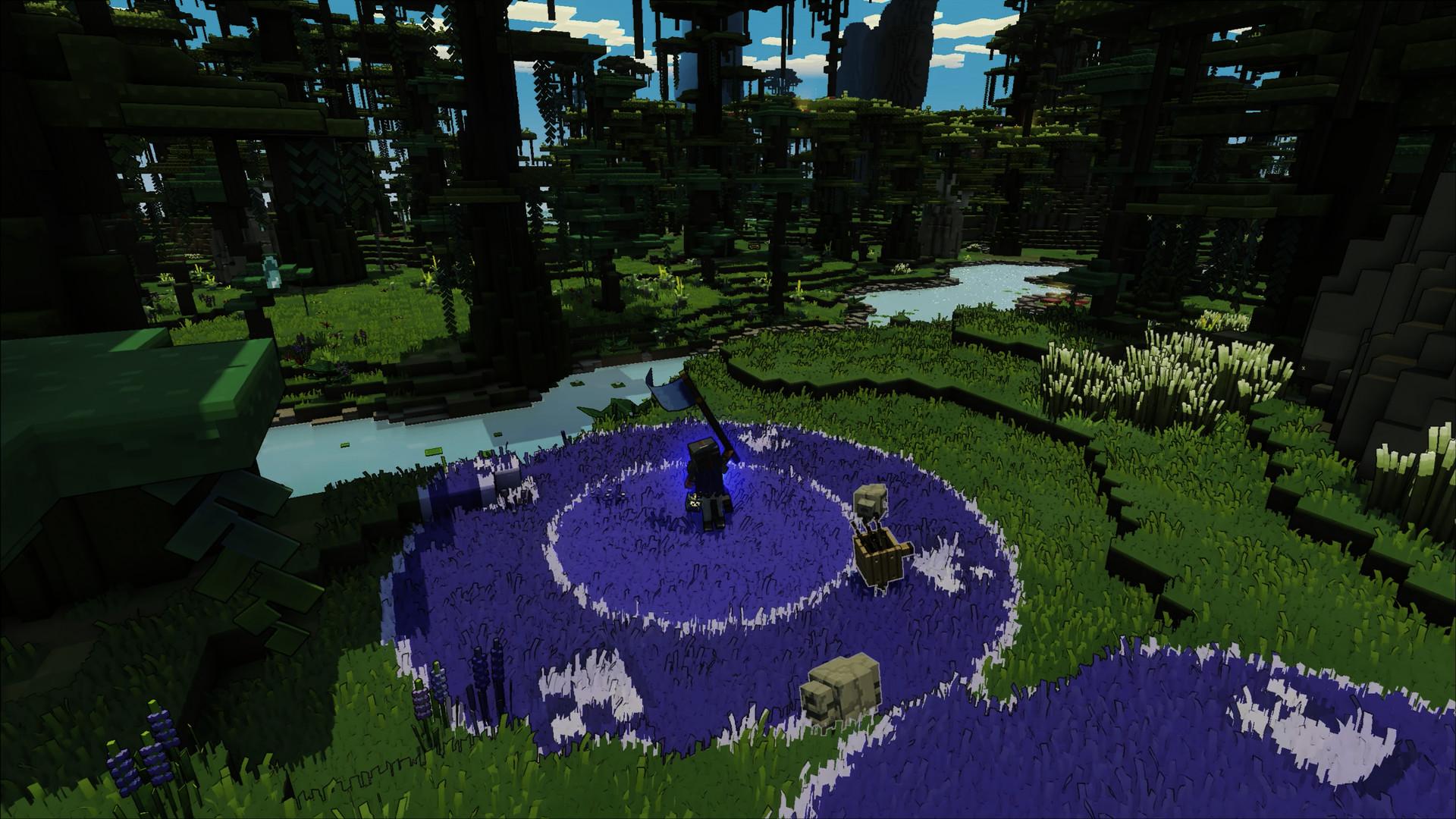 “Minecraft Legends”玩家探索茂密的森林和河流。