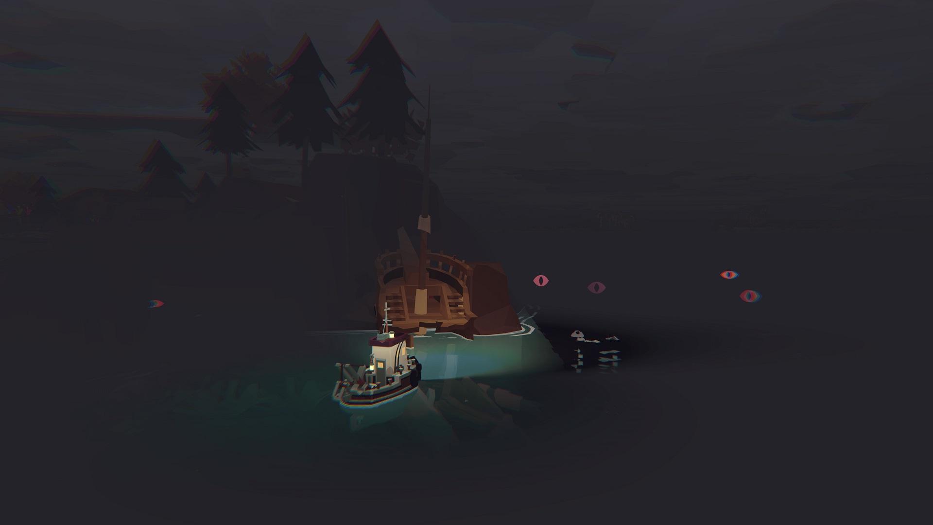 'Dredge' 밤에 난파선 근처에 붉은 눈으로 둘러싸인 배.