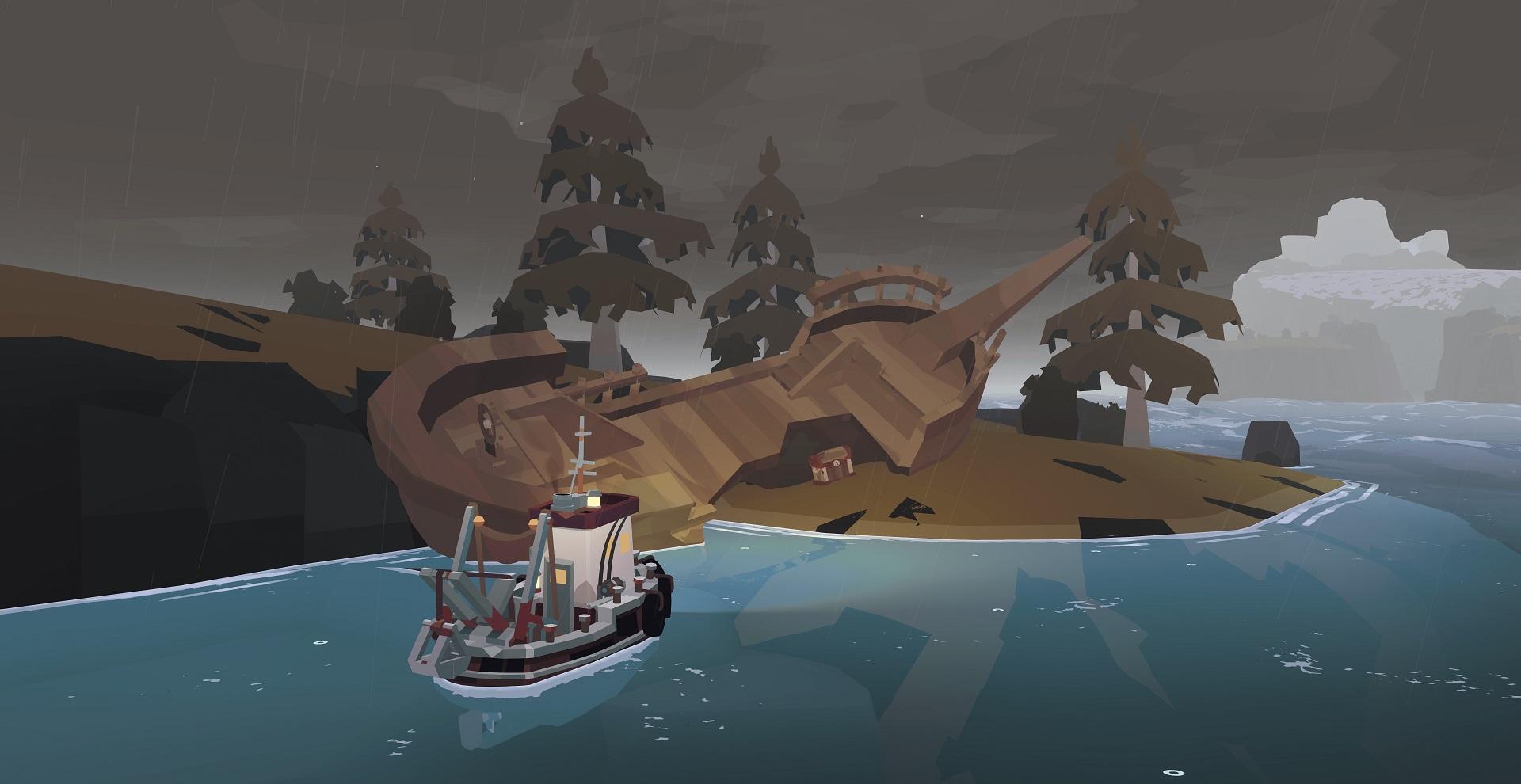 'Dredge' Barco se aproximando de um naufrágio em uma ilha com um baú de tesouro.