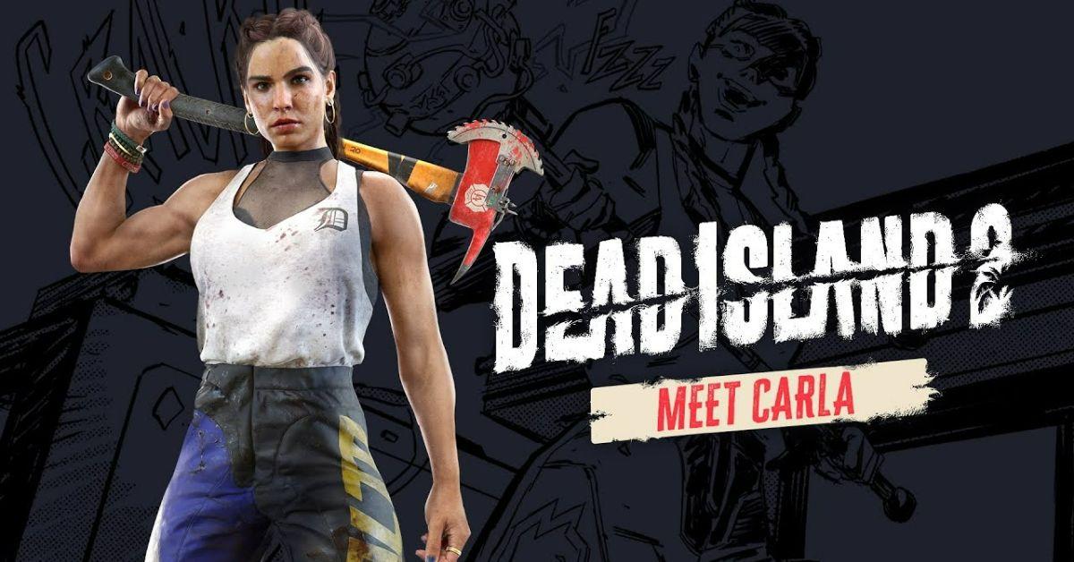 Dead Island 2의 Carla가 도끼를 들고 양식화된 검정색 배경 앞에 서 있습니다.