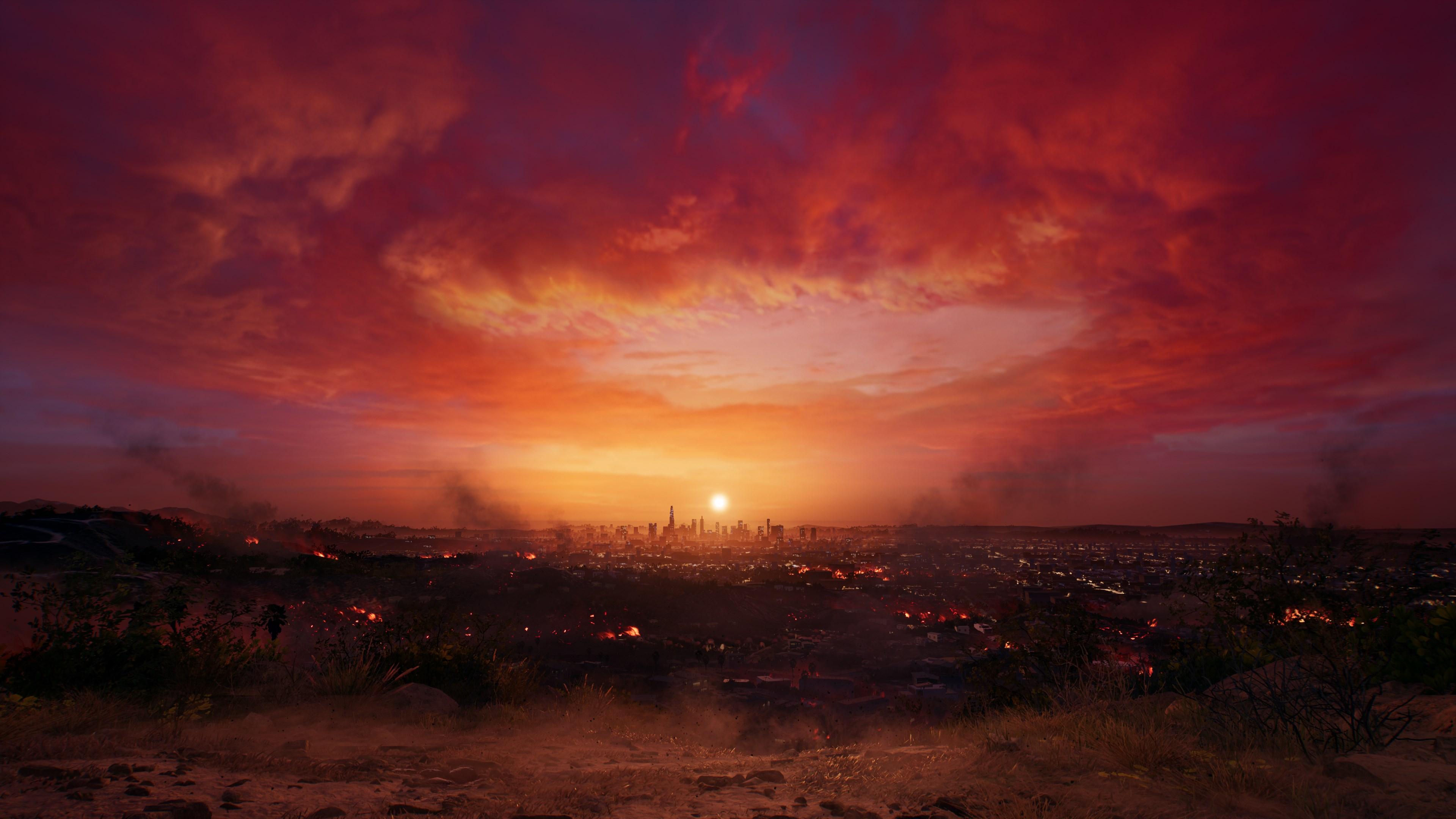 Vista do horizonte de 'Dead Island 2' no Hell-A em chamas.