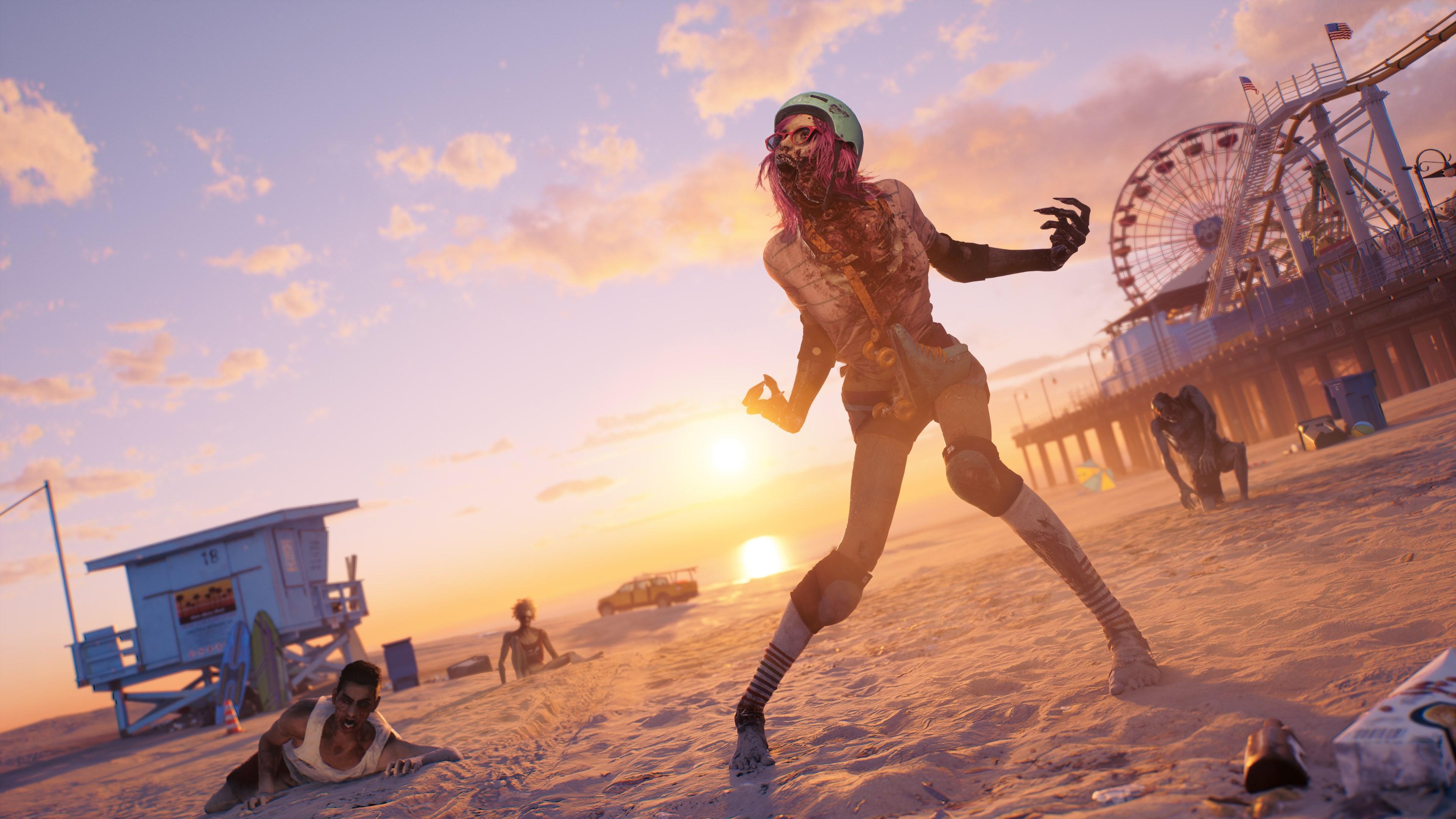 'Dead Island 2' Zombies, die bei Sonnenuntergang einen Strand durchstreifen.