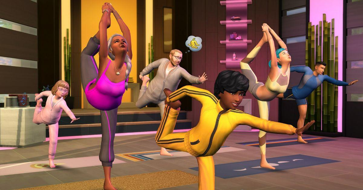 Uma aula de ioga no The Sims 4.