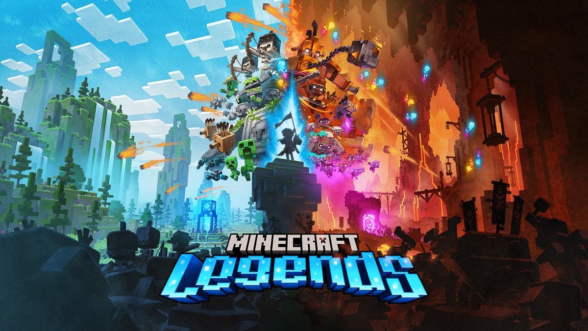 “Minecraft Legends”封面艺术展示了围绕玩家角色发生碰撞的两个世界。