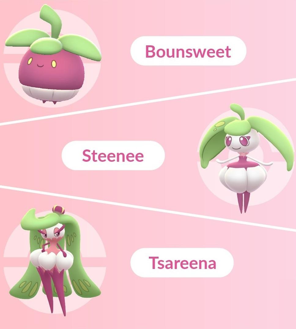来自 Pokémon GO 的粉红色背景中的 Bounsweet、Steenee 和 Tsareena。