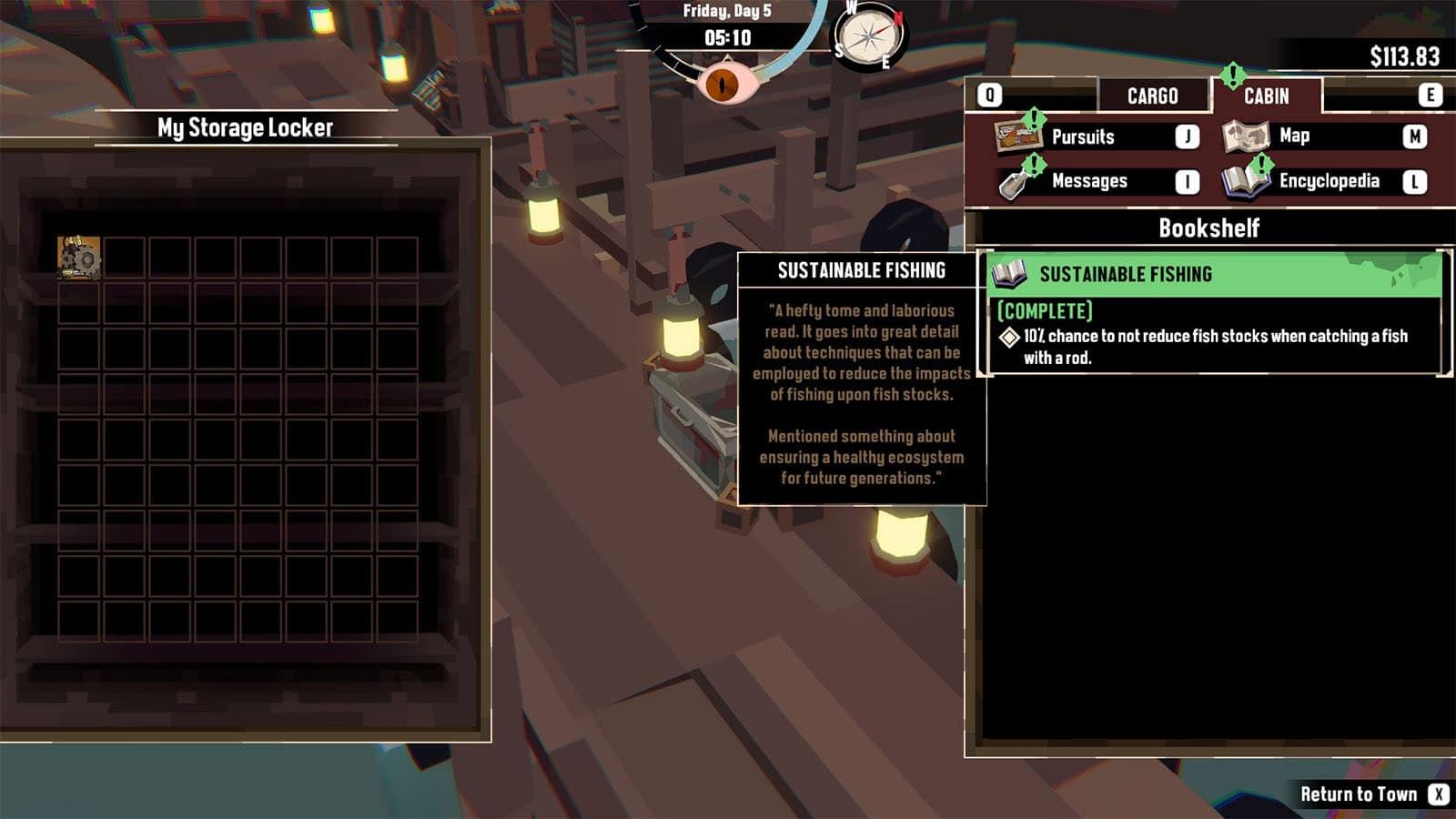 Telas do menu 'Dredge' mostrando a estante e o armário de armazenamento para os jogadores usarem.