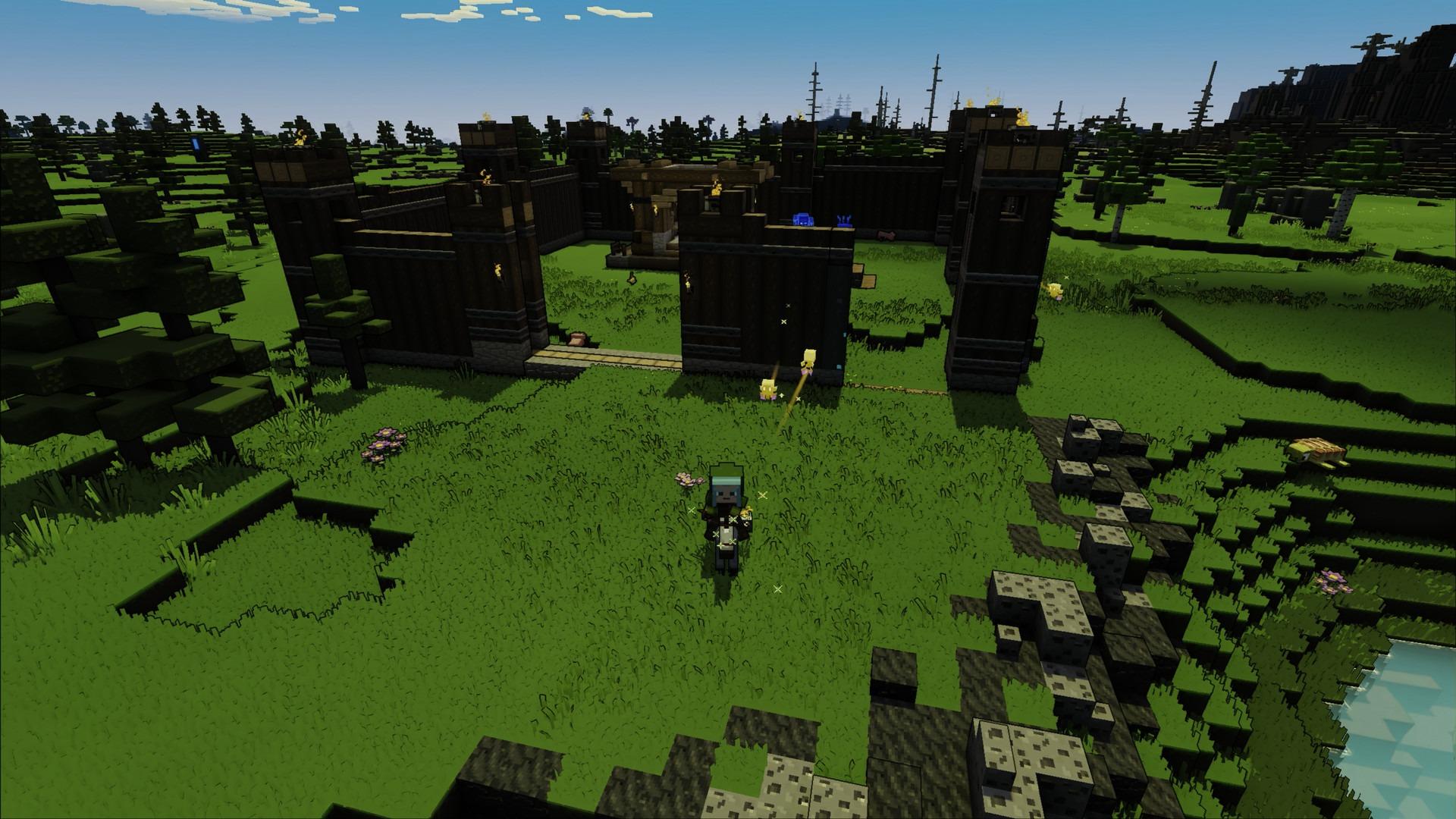 En Minecraft Legends-spelare som utforskar en biom på grässlätter.
