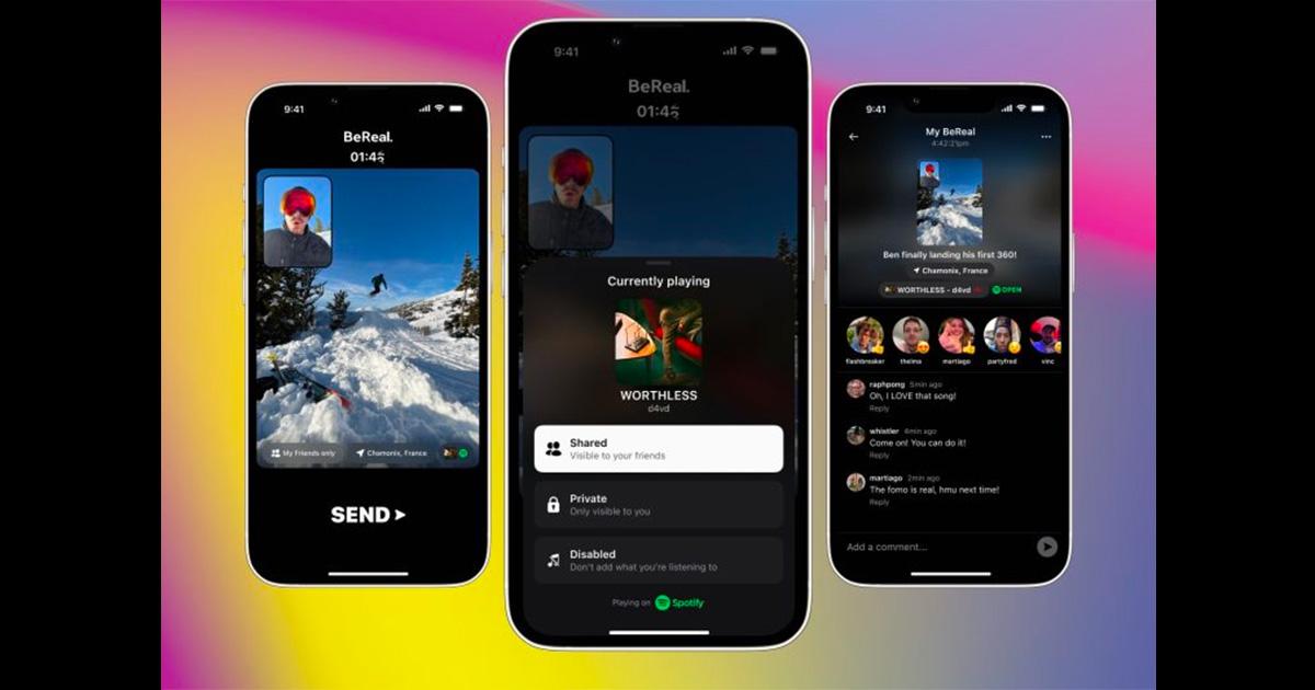 Imagens do aplicativo BeReal e como ele se integra ao Spotify. 