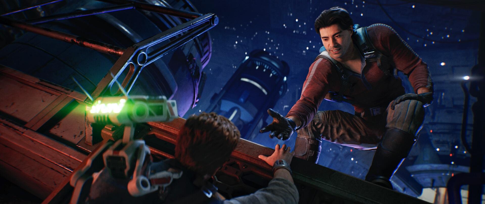 'Star Wars Jedi: Survivor' Cal tend la main pour attraper la main de Bode près d'un rebord.