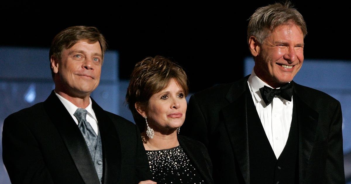 LR: Mark Hamill, Carrie Fisher e Harrison Ford agli AFI Awards nel 2005.