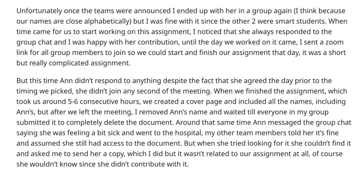 Um aluno conta a história de deletar o nome do colega de classe do projeto do grupo no subreddit r/AmItheAsshole