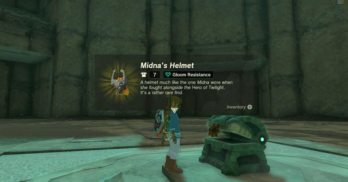 왕국의 눈물에서 미드나의 헬멧을 획득하는 링크.