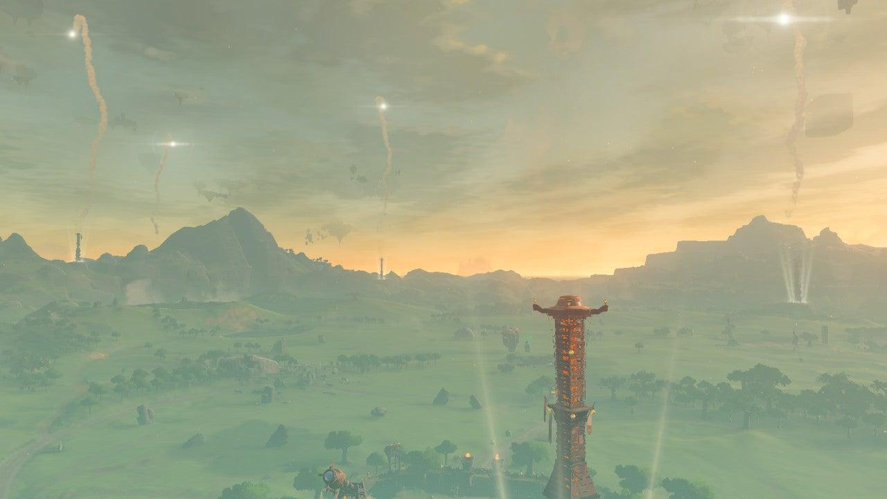 „Tears of the Kingdom“ Landschaftsaufnahme vieler Skyview Towers im Spiel.