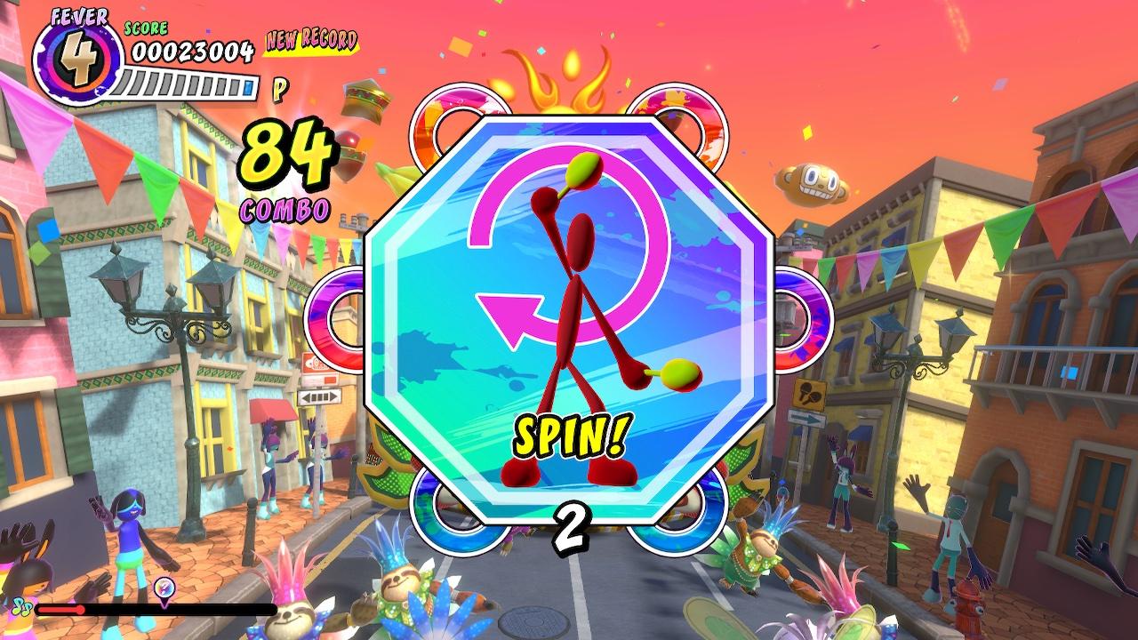 Jogabilidade 'Samba de Amigo: Party Central', pedindo ao jogador para balançar seu controlador em um movimento circular