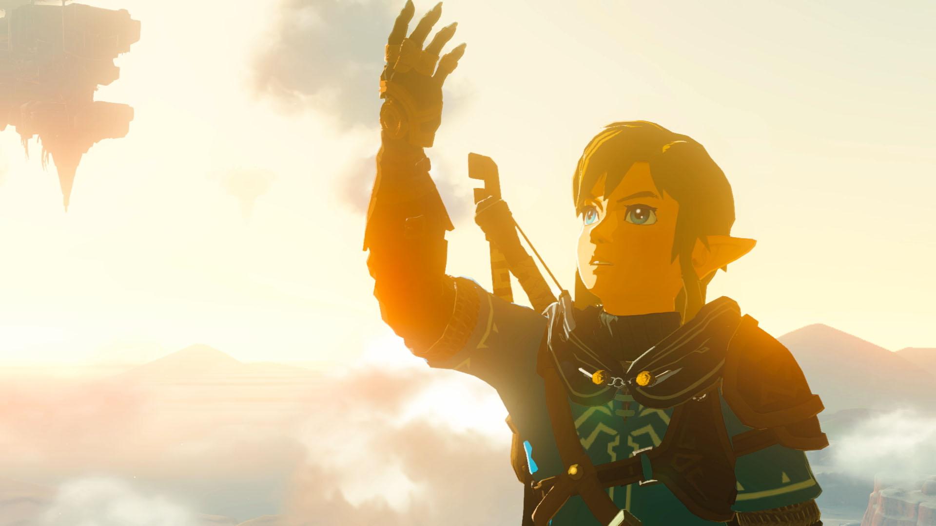 'Tears of the Kingdom' Link examinant son nouveau bras doté d'étranges pouvoirs.