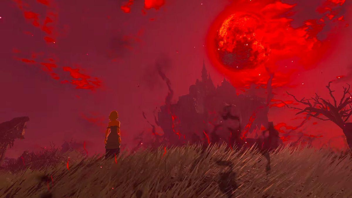 'Lágrimas do Reino' Zelda olhando para uma Lua de Sangue.