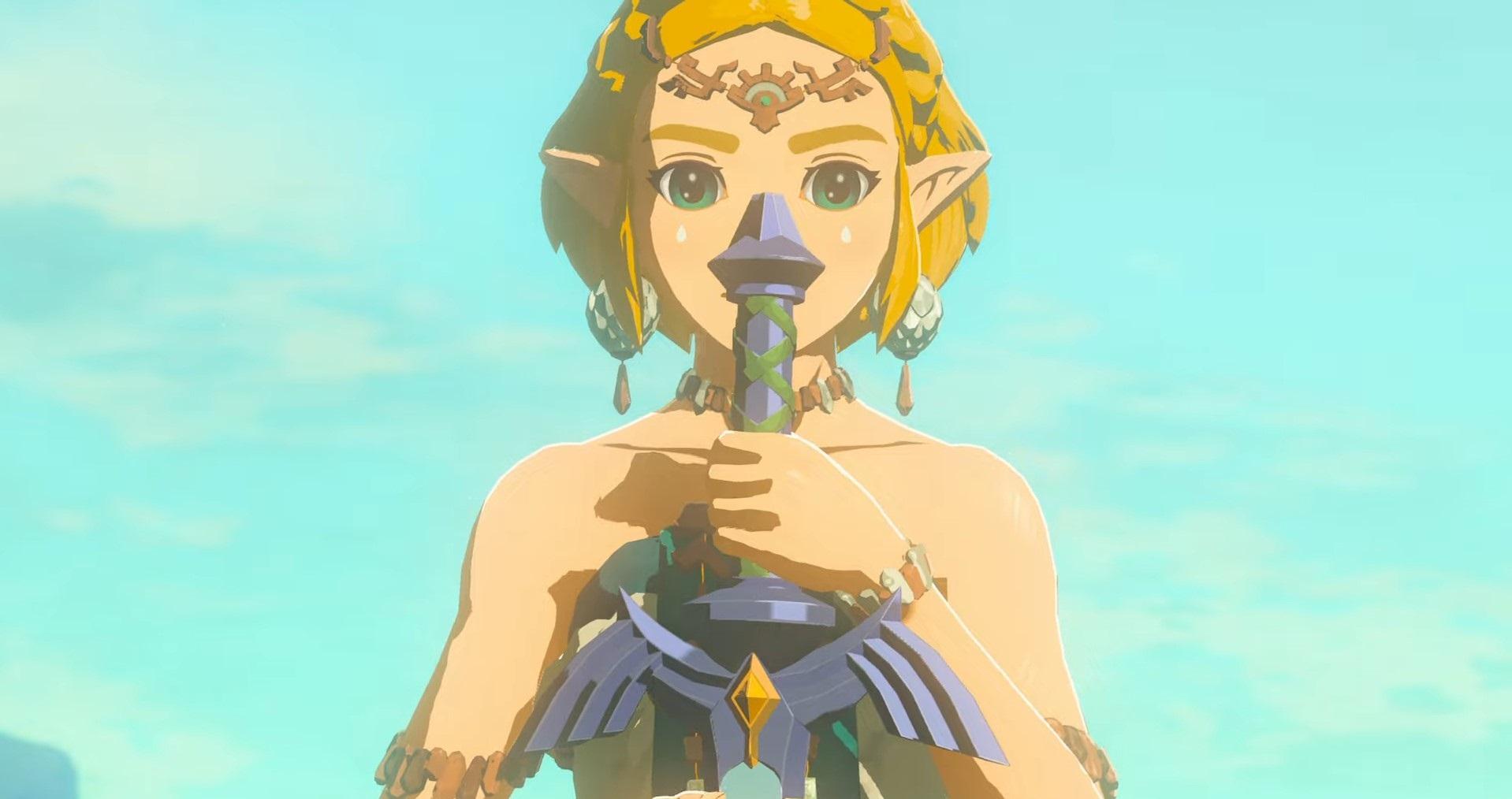 'Tears of the Kingdom' Zelda segurando uma Master Sword danificada.