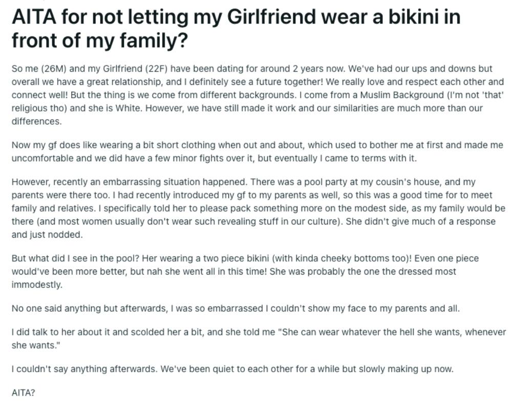 aita reddit inlägg om muslimsk man flickvän bikini familj