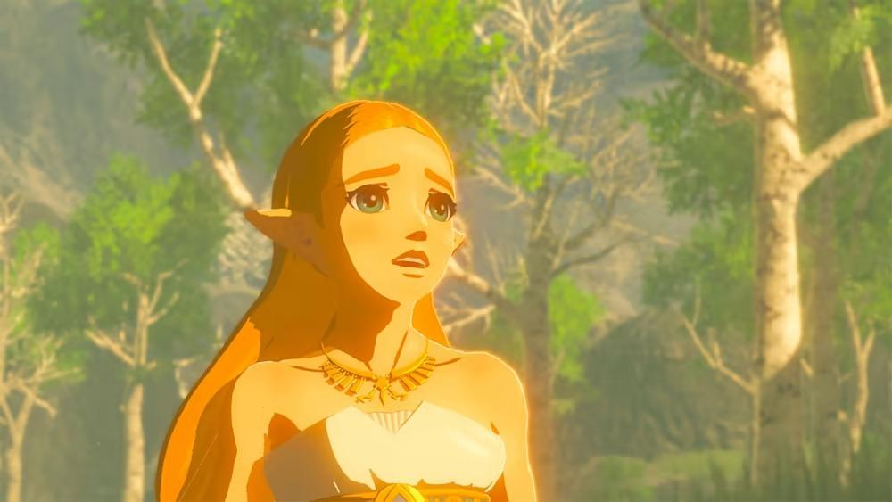 Zelda sembra preoccupata in Breath of the Wild con una foresta sullo sfondo.