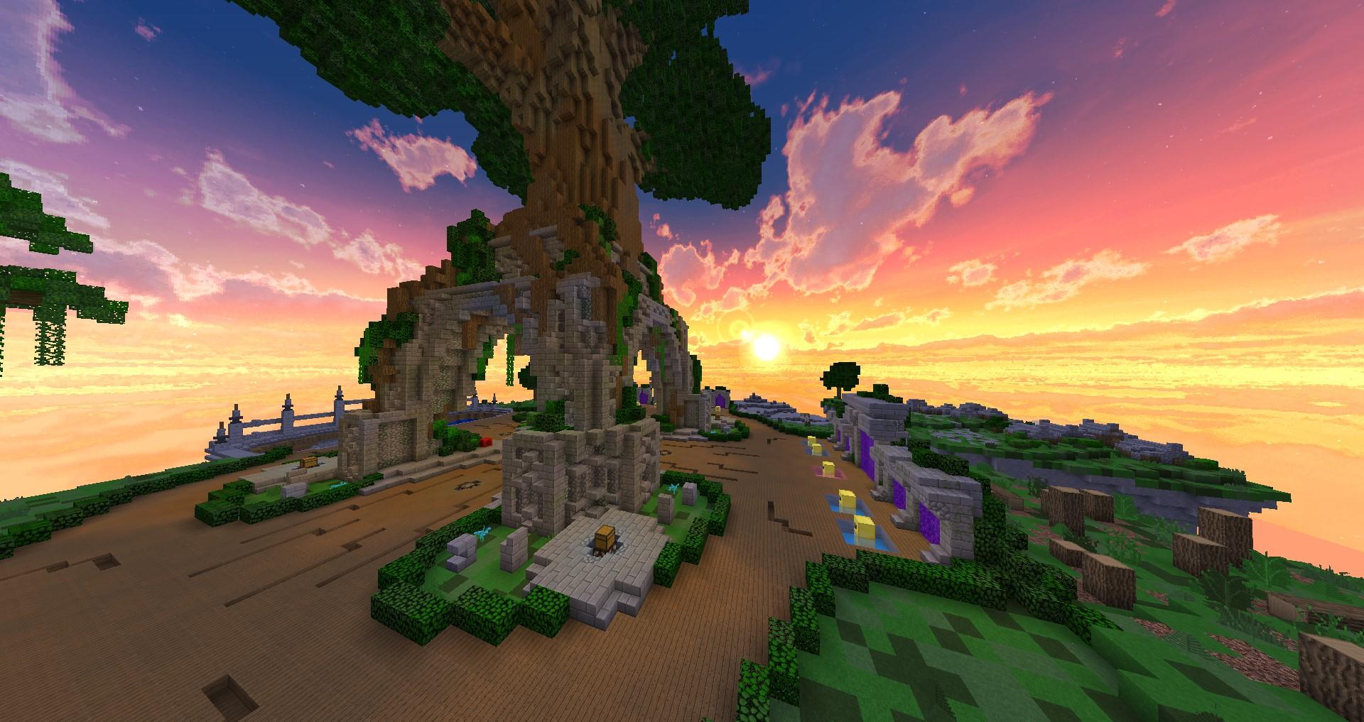 'Minecraft' 석양 절벽 근처에 서 있는 거대한 나무의 이미지.