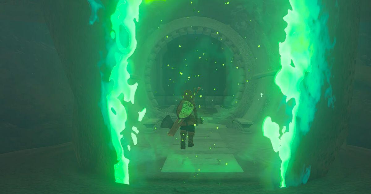 Link entrando em um Santuário em Tears of the Kingdom.