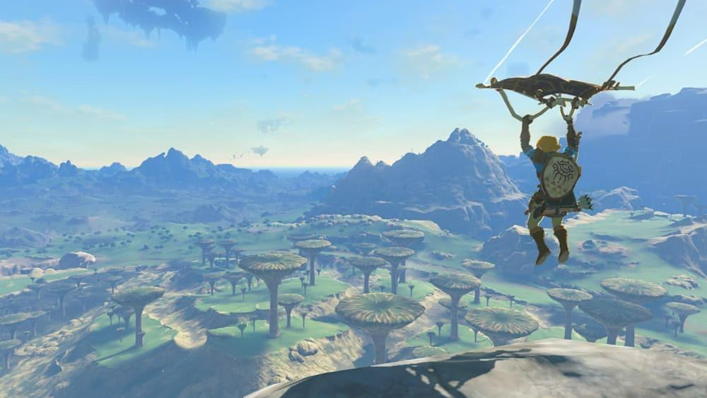 Link deslizando pelo céu em Tears of the Kingdom.