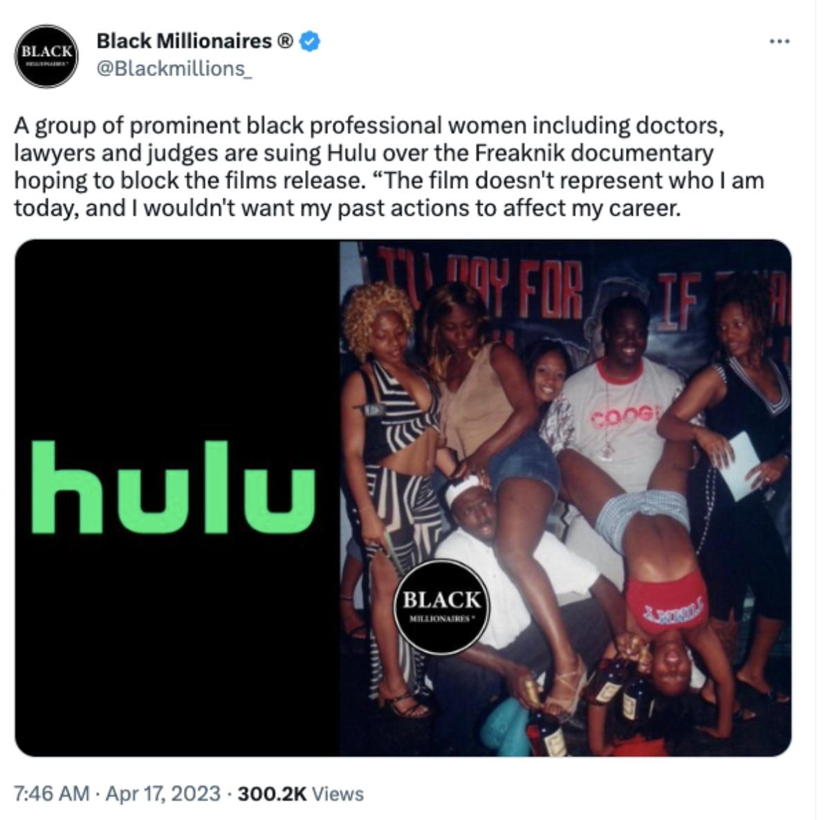 Un tweet su Freaknik con i partecipanti al block party, il logo di Hulu e il logo di Black Millionaires