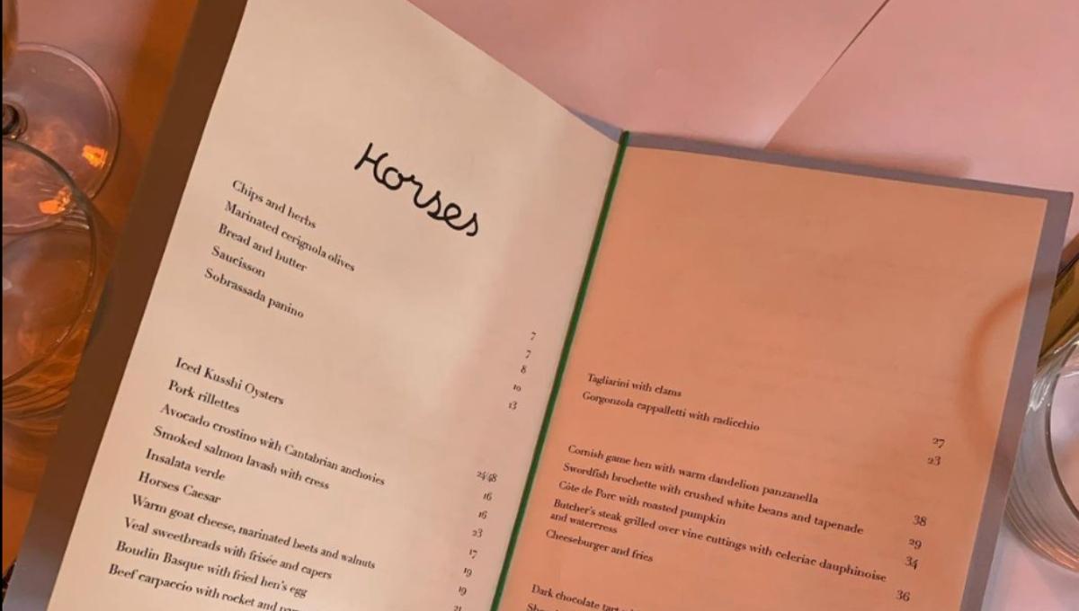 Die Speisekarte des gehobenen Restaurants Horses in Los Angeles
