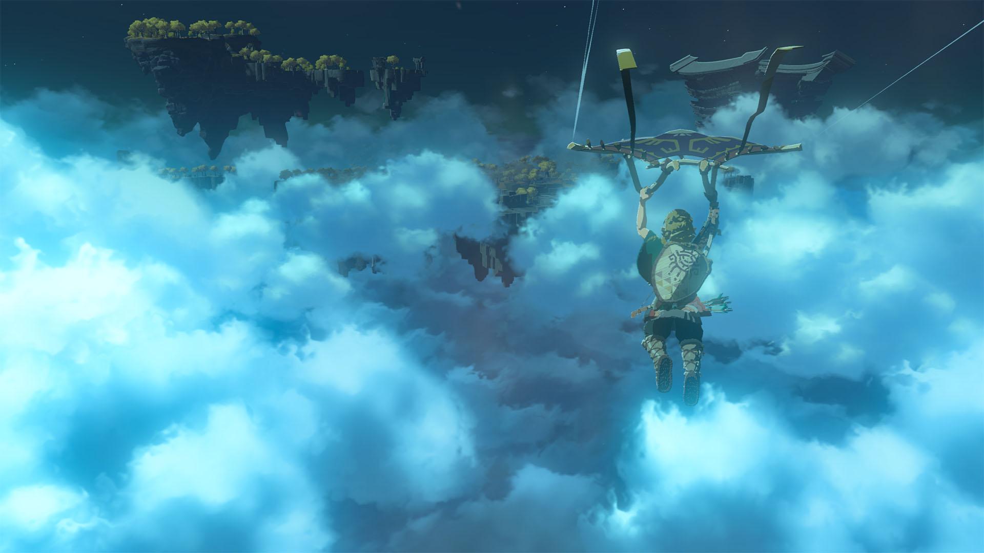 „Tears of the Kingdom“ Link gleitet durch Wolken in der Nähe mehrerer Himmelsinseln.