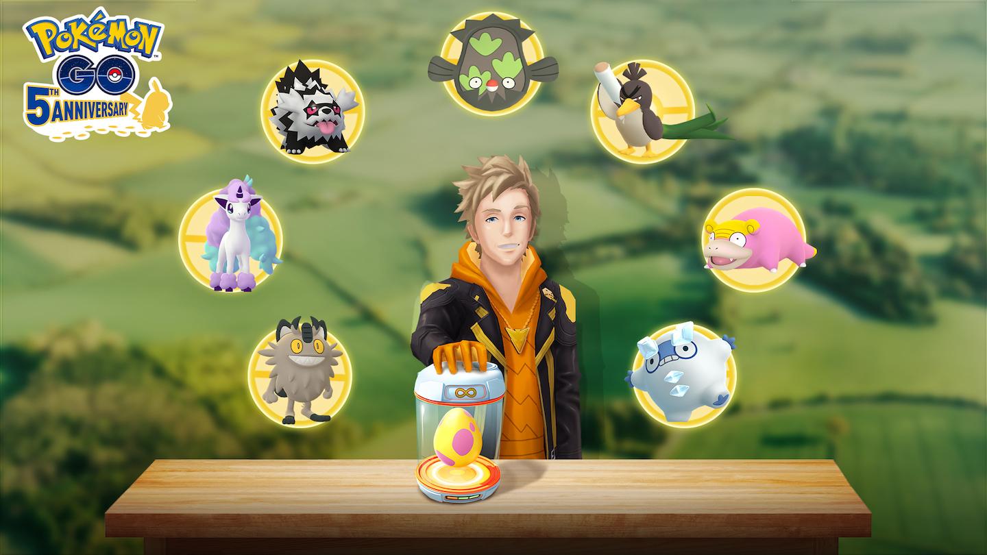 Un leader Pokémon in piedi con un uovo di 7 km in un'incubatrice, circondato da Pokémon di Galar in 