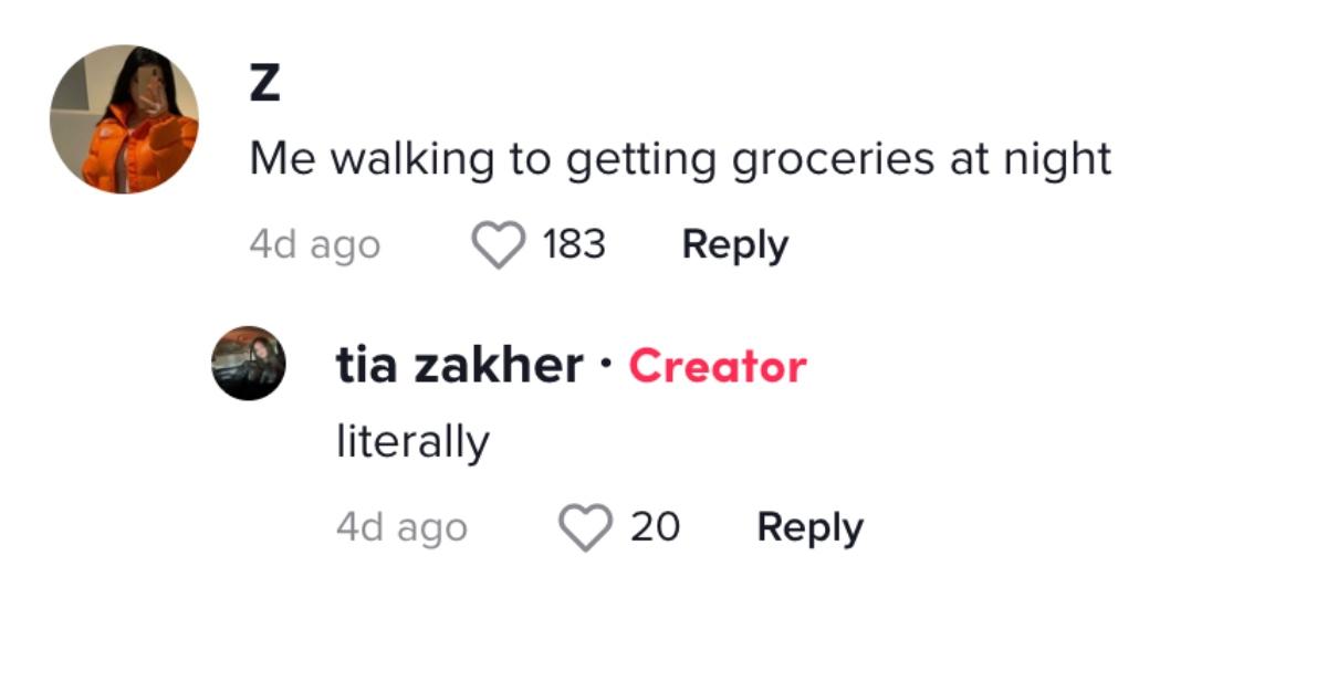 TikTok kommenterer på @tiazakhers TikTok om at klæde sig ud som en mand for at lave leveringer til uber eats
