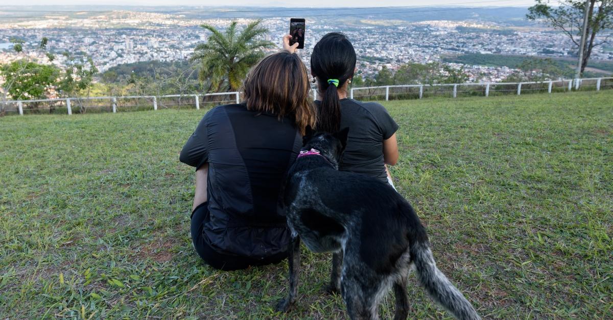 Mutter und Tochter sitzen auf dem Rasen und machen ein Selfie mit ihren Haustieren - Stock-Fotografie - Mutter und Tochter sitzen auf dem Rasen und machen ein Selfie mit ihren Haustieren