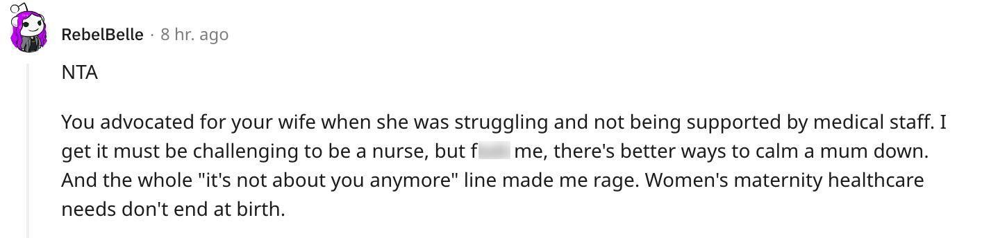 一位用户评论支持对粗鲁护士大喊大叫的丈夫