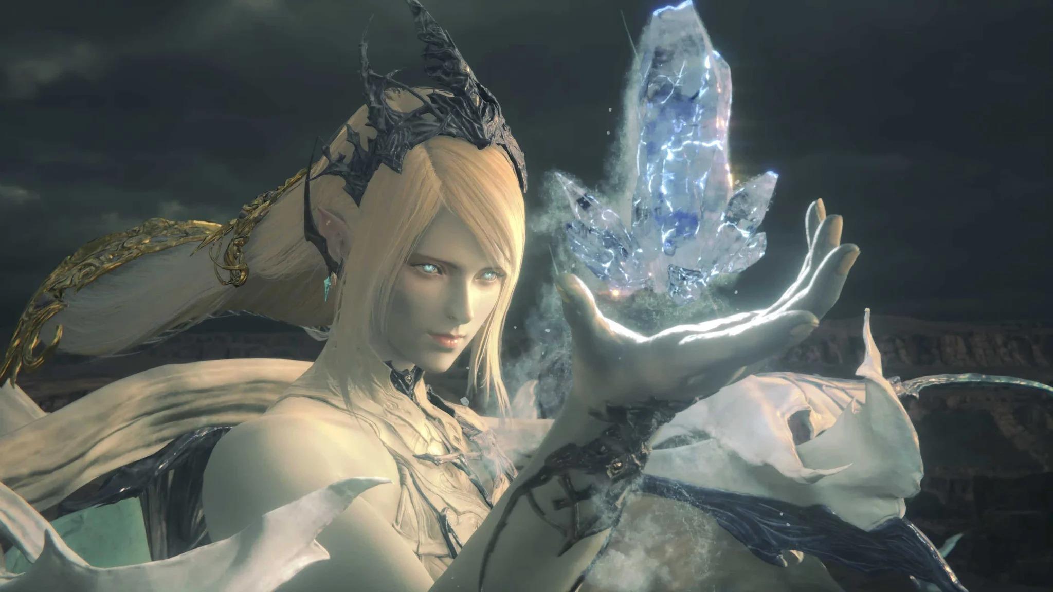 Shiva di Final Fantasy XVI che evoca una colonna di ghiaccio nella sua mano.