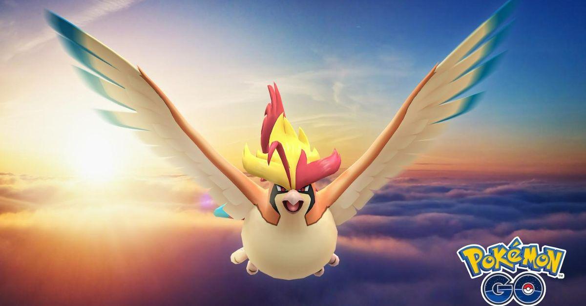 Un personaggio di Pokémon GO che vola sopra le nuvole.
