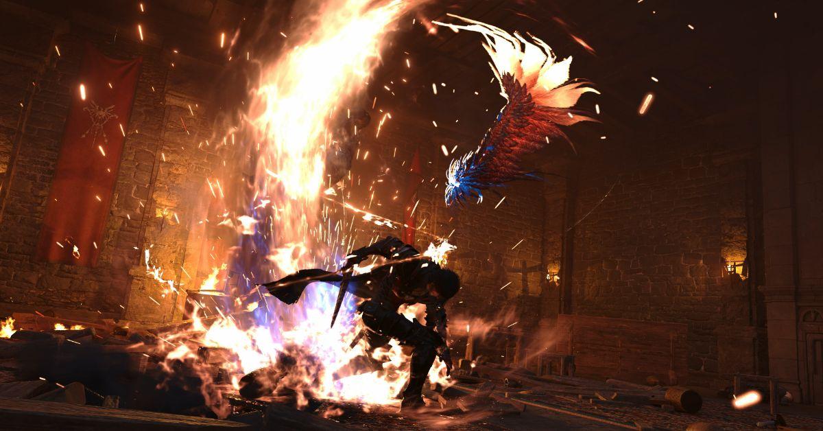 Clive combatte contro un nemico in Final Fantasy XVI.