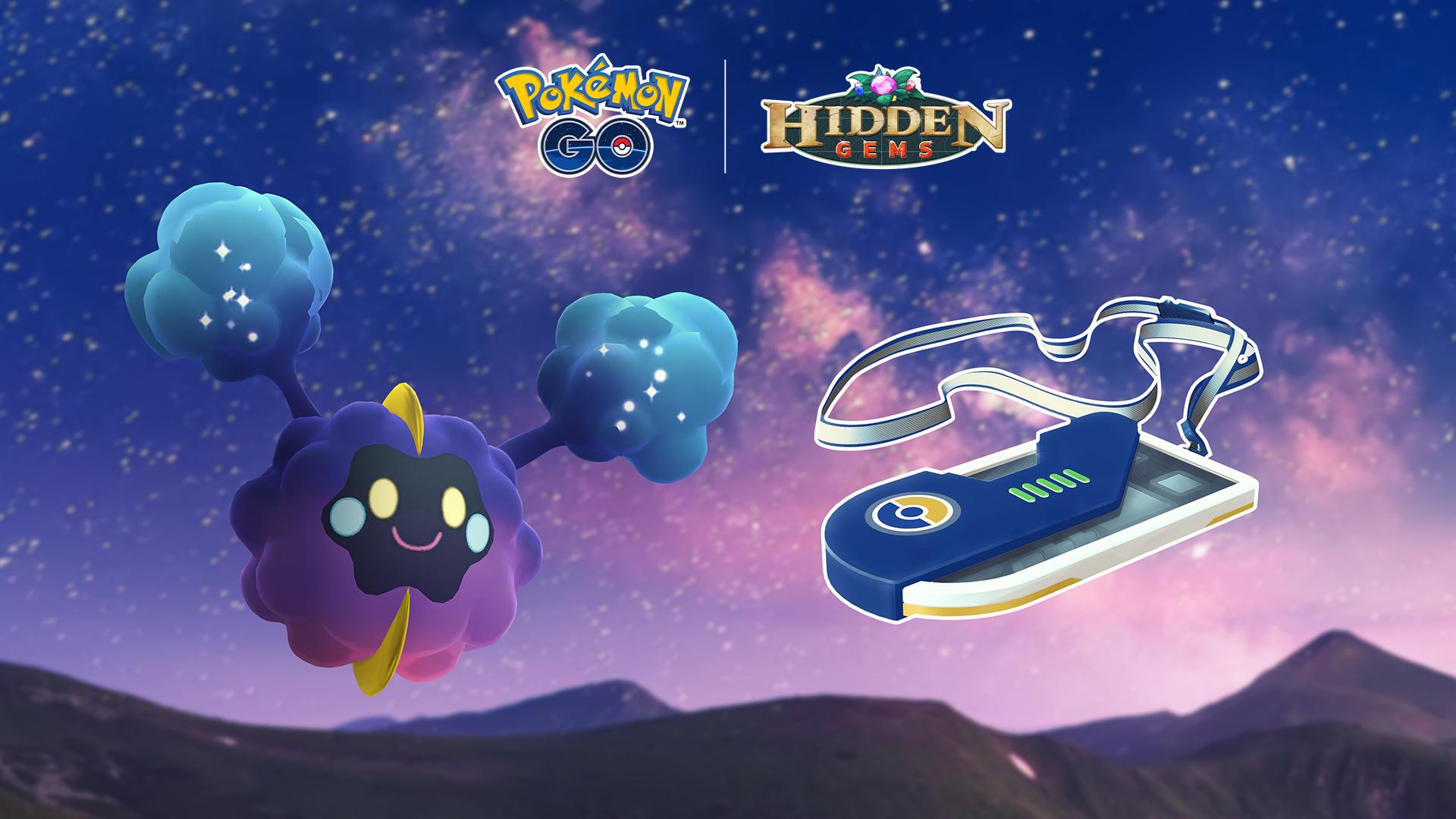 „Pokémon GO“-Werbegrafik mit Cosmog und In-Game-Gegenständen.