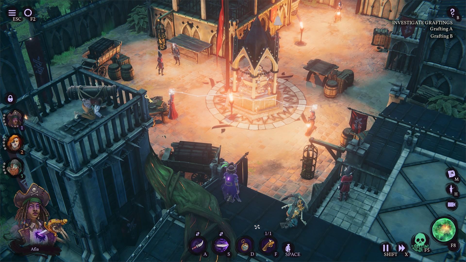 “Shadow Gambit: The Cursed Crew”角色在敌方守卫上方的屋顶上。