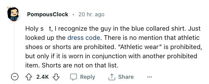 Reddit 댓글 작성자가 The Parliament에서 드레스 코드에 대해 이야기합니다.