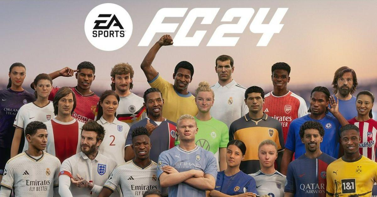 Ein Ausschnitt aus dem FC 24-Cover zeigt mehr als ein Dutzend Sportler.