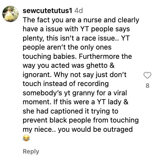 Instagram-Nutzer @seewcutetutu1 beschuldigt Tante, die ihre Nichte vor einer weißen Frau beschützt hat, rassistisch zu sein.